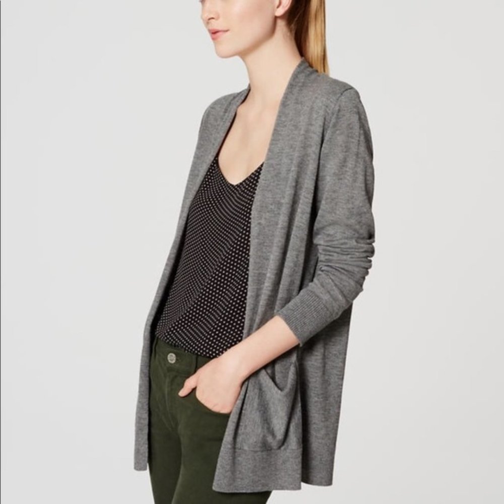 LOFT Gray Open Front Pocket Cardigan